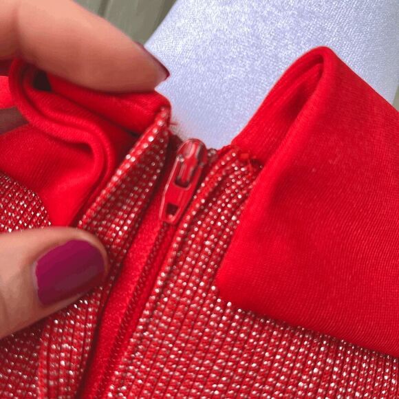 Vintage 1970s Red Glitter Knit Maxi Dress Dramatic Collar Disco XS/S - Picture 8 of 9